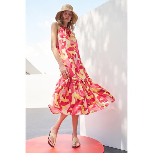 Ming Wang Abstract Print Crepe De Chine Halter Neck Tiered Dress, Sz M -- NWT - Picture 1 of 12